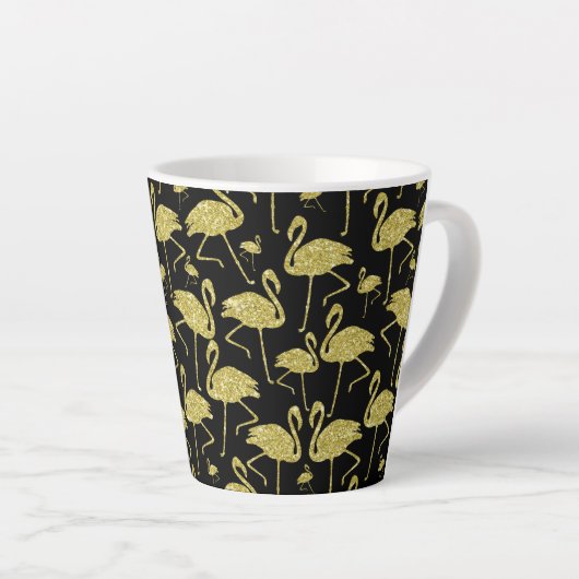 Gouden Flamingo Bird Glitter op Black Design Latte Mok (Rechterhoek)