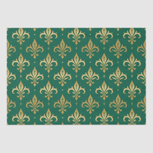 Gouden fleur-de-lis naadloos patroon op groen tissuepapier (Voorkant)