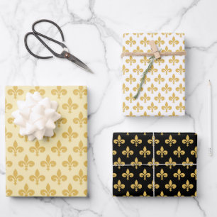 Gouden Fleur de Lis op Zwart  Goud & Wit Inpakpapier Vel