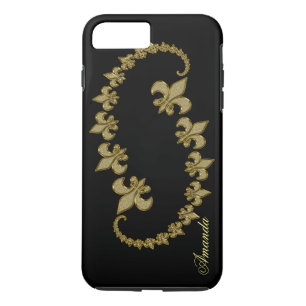 Gouden Fleur-de-lis op zwarte aangepaste monogram iPhone 8 Plus / 7 Plus Hoesje