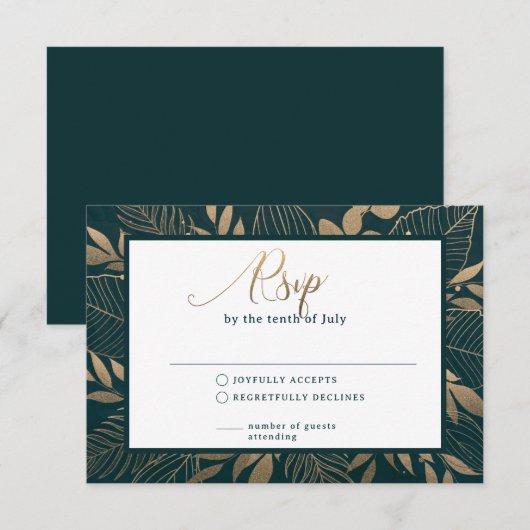 Gouden Foliage Border Forest Groene RSVP-kaart RSVP Kaartje (Voorkant / Achterkant)