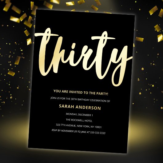 Gouden folie 30e verjaardagsfeestje folie uitnodiging