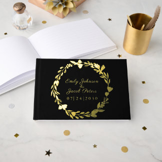 Gouden Folie Bloem Krans Elegante Zwarte Huwelijk Gastenboek