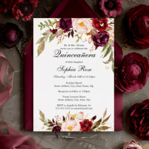 Gouden folie Blush Burgundy Quinceanera bloem  Uitnodiging