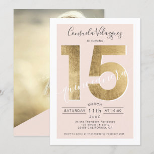 gouden folie-chic-script zwart op quinceanera-foto kaart