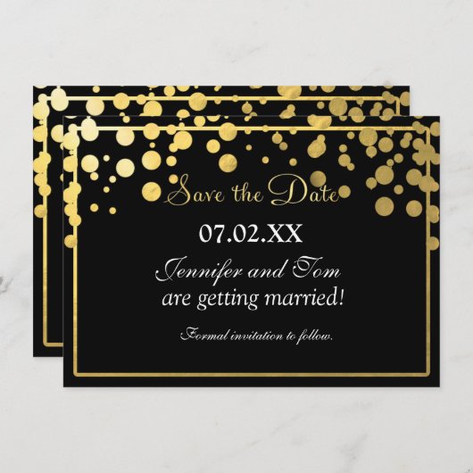 Gouden Folie Confetti Zwarte Uitnodiging Save date (Voorkant / Achterkant)