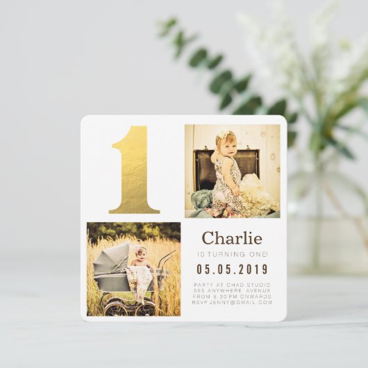 Gouden folie een 1e verjaardag foto kaarten (Staand voorkant)