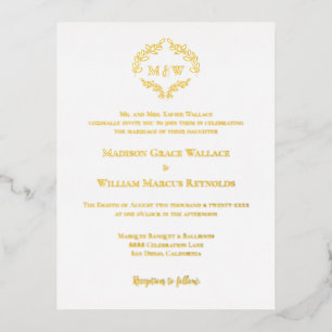 Gouden folie Elegante krans Monogram Formele bruil Uitnodiging Briefkaart