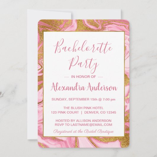 Gouden folie en Hot Pink Marble Bachelorette Party Kaart (Voorkant)