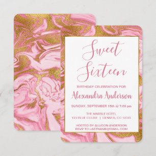 Gouden folie en Hot Pink Marble Sweet 16 Verjaarda Kaart
