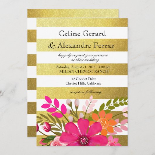 Gouden folie gestreepte folklore bloemen bruiloft kaart (Voorkant / Achterkant)