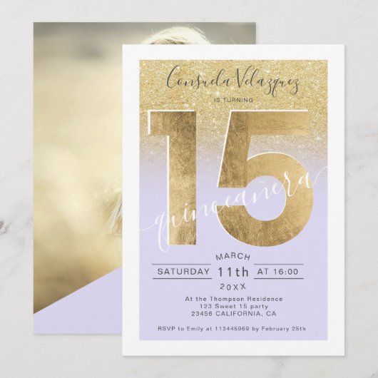 Gouden folie glitter script paarse Quinceanera fot Kaart (Voorkant / Achterkant)