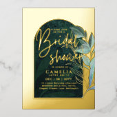 Gouden Folie Groene Bladeren Bruidsfeest QR Code Folie Uitnodiging (Voorkant)