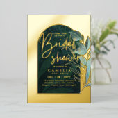 Gouden Folie Groene Bladeren Bruidsfeest QR Code Folie Uitnodiging (Staand Voorkant)