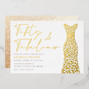 Gouden Folie Jurk Fifty & Fab 50ste Verjaardagsfee Uitnodiging