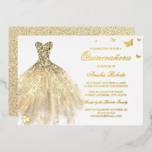 Gouden Folie Jurk Vlinder Quinceanera Uitnodiging