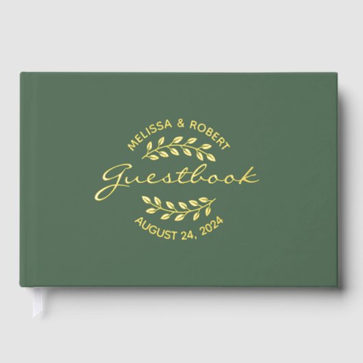 Gouden folie krans op groene bruiloft gastenboek (Voorkant)