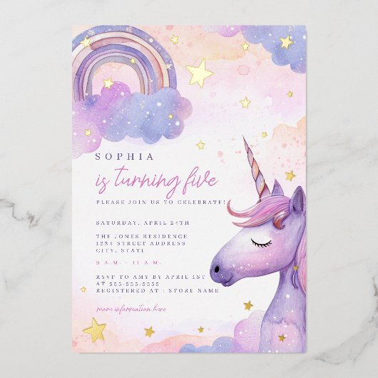 Gouden Folie Magische Paarse Eenhoorn Meisjes Verj Folie Uitnodiging (Voorkant)