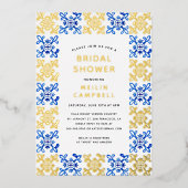 Gouden Folie Mediterraan Blauwe Tegel Bruidsdouche Folie Uitnodiging (Voorkant)