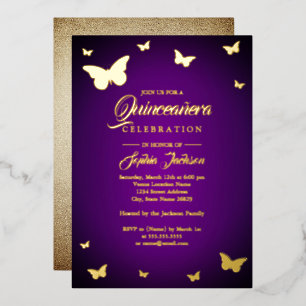 Gouden folie Paarse Vlinder Quinceanera Uitnodiging