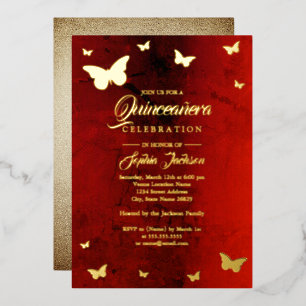 Gouden Folie Rode Vlinder Quinceanera Uitnodiging