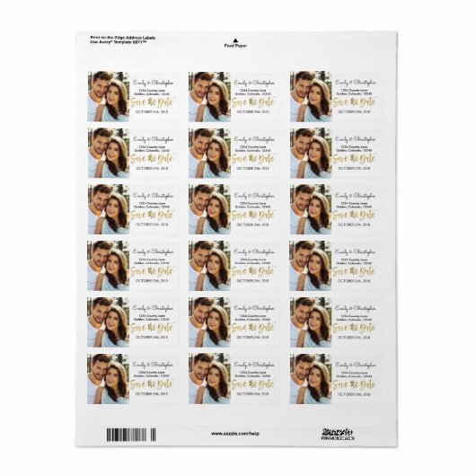 Gouden Folie Script Bruiloft Bewaar de Datum Foto Etiket (Full Sheet)