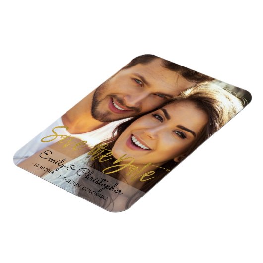 Gouden Folie Script Bruiloft Save the Date Magnet Magneet (Linkerzijde)