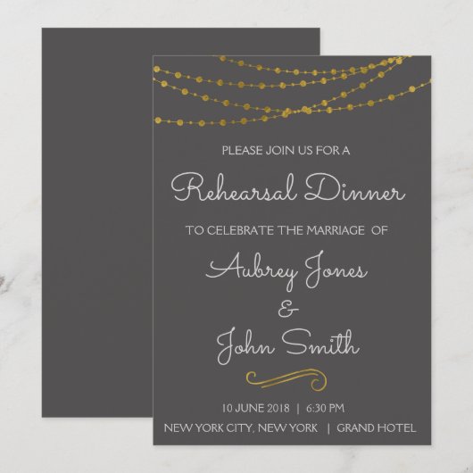Gouden folie String Lights & Script Repetitie dine Kaart (Voorkant / Achterkant)