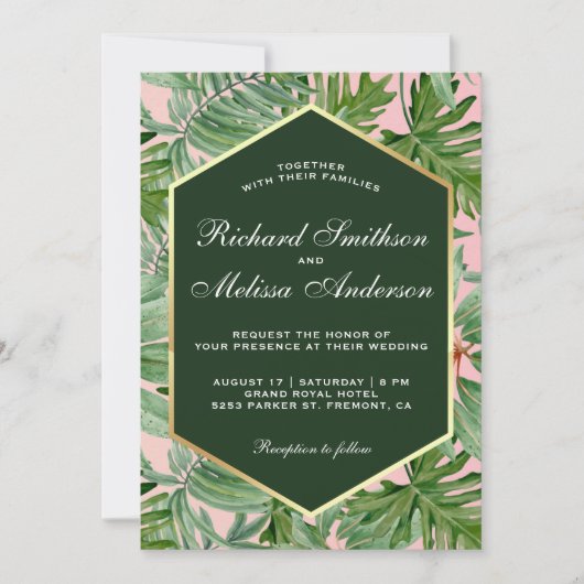 Gouden folie Tropische Groene bladeren Bruiloft Ui Kaart (Voorkant)