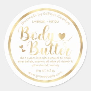Gouden folie Witte harten Border Shea Body Butter Ronde Sticker