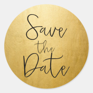 Gouden Folie Zwart Script Type SAVE THE DATE Stick Ronde Sticker