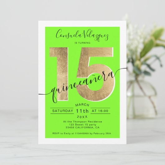gouden foliezakje neon green quinceanera foto kaart (Staand voorkant)