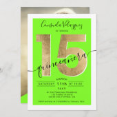 gouden foliezakje neon green quinceanera foto kaart (Voorkant / Achterkant)