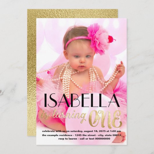 Gouden foto eerste verjaardag uitnodiging (Voorkant / Achterkant)