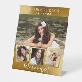 Gouden fotocollage verjaardagsfeestje welkom reclamebord met voetstuk (Voorkant)