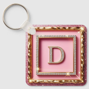 Gouden Frame Diamant Initiaal D Roze Glitter Monog Sleutelhanger