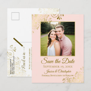 Gouden franjes Blush Roze Bruiloft Save the Date F Aankondigingskaart