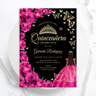 Gouden Fuchsia Roze Rozen Vlinders Quinceanera Kaart
