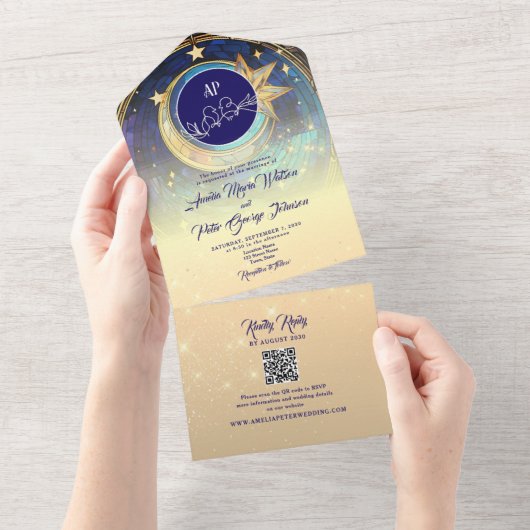 Gouden Galaxy Sterrennacht bruiloft All In One Uitnodiging (Afscheurbaar)