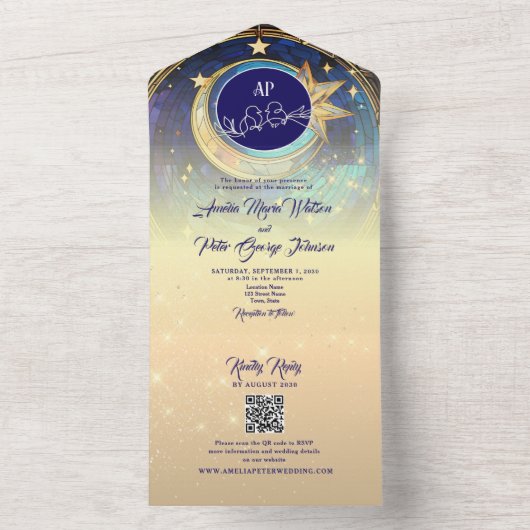 Gouden Galaxy Sterrennacht bruiloft All In One Uitnodiging (Binnen)