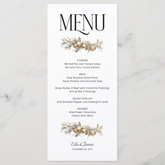 Gouden Garland Holly en Ornamenten Kerstbruiloft Menu (Voorkant)