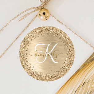 Gouden Geborstelde Metaal Glitter Monogram Naam Ronde Sticker