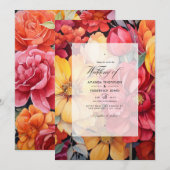 Gouden Geel en Lipstick Rood Bloemen Bruiloft Kaart (Voorkant / Achterkant)