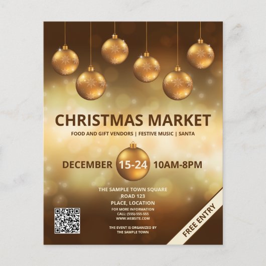 Gouden Gele Kerstballen - Kerstmarkt Flyer (Voorkant)