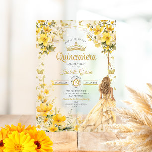 Gouden Gele Tiara Bloem Vlinders Quinceañera Acryl Uitnodigingen