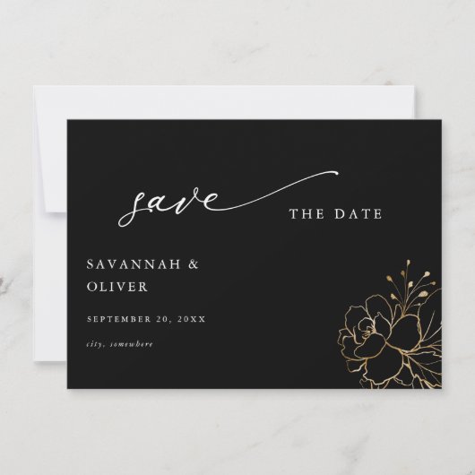 Gouden Gelijnde Bloemen Save the Date - Zwart (Voorkant)