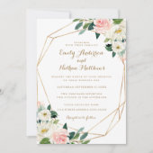 Gouden Geometrische Blush Bloemen Huwelijksuitnodi Kaart (Voorkant)