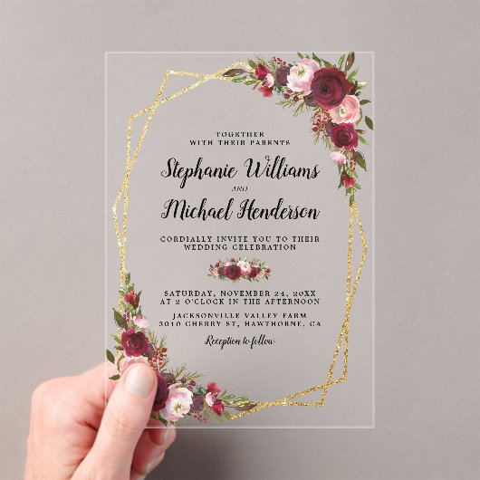 Gouden geometrische Bourgondische bloemenbruiloft Acryl Uitnodigingen (Insitu (Draagbaar))