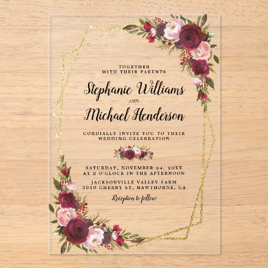 Gouden geometrische Bourgondische bloemenbruiloft Acryl Uitnodigingen (Voorkant)