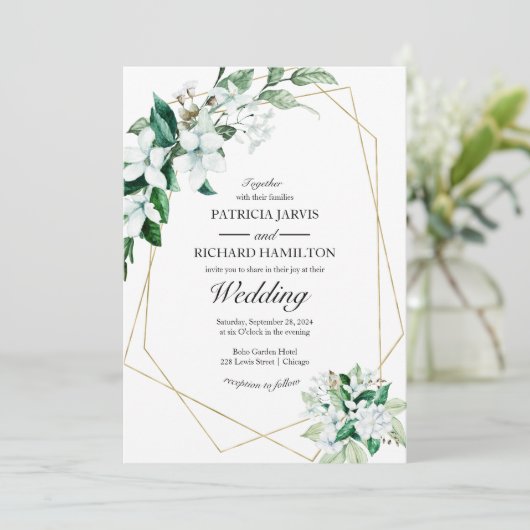 Gouden Geometrische Elegante Groene Bruiloft Kaart (Staand voorkant)